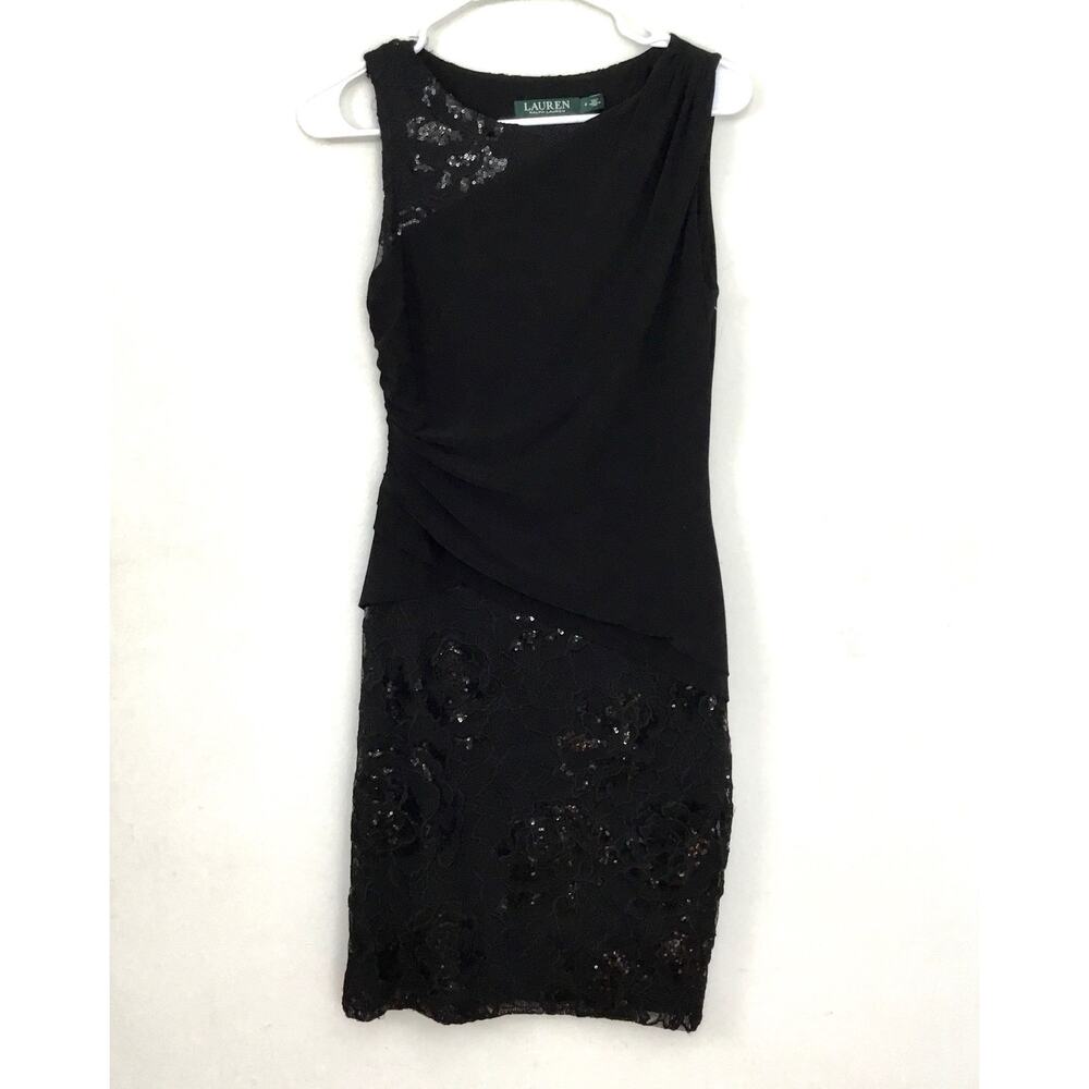 Lauren Ralph Lauren Sheath Dress Black Sequin Floral Lace Side Ruched Sz 6